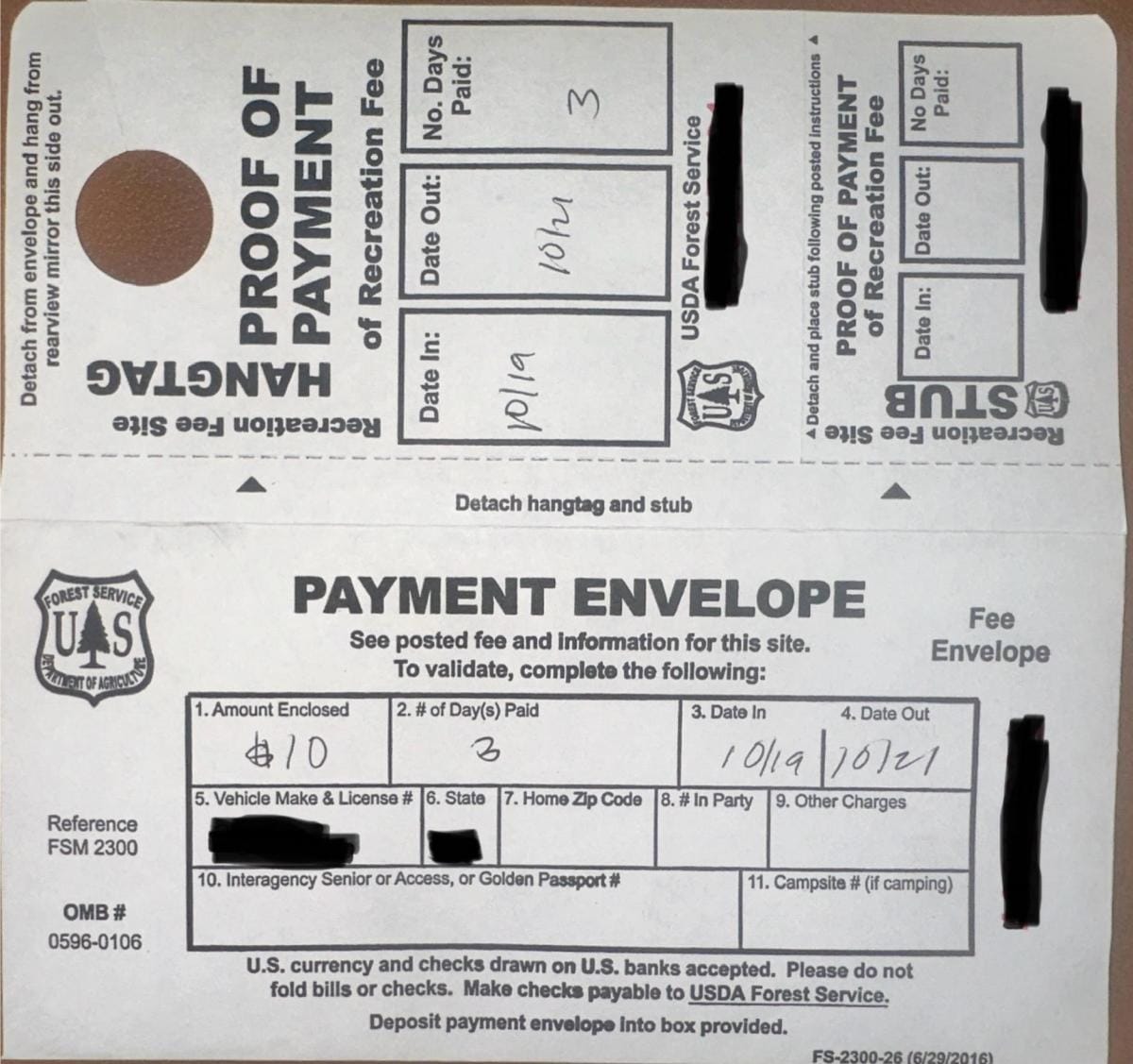 Fifth Water Hotsprings Payment Envelope